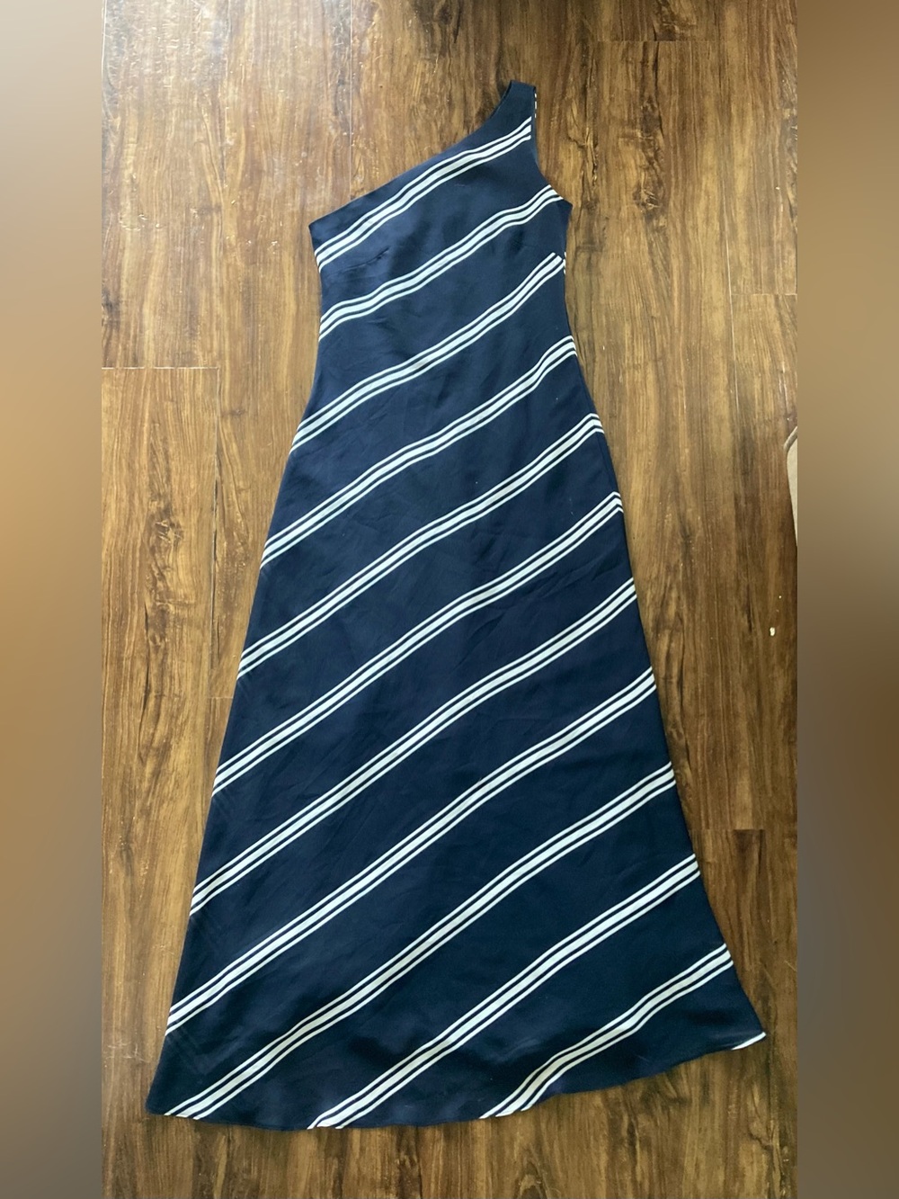 Jessica Howard Navy and White One-Shoulder Striped Evening Gown Size 8
